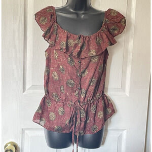 Vintage Y2K Lauren Jeans Co Shirt Women Medium Brown Floral Ruffle Ralph Lauren